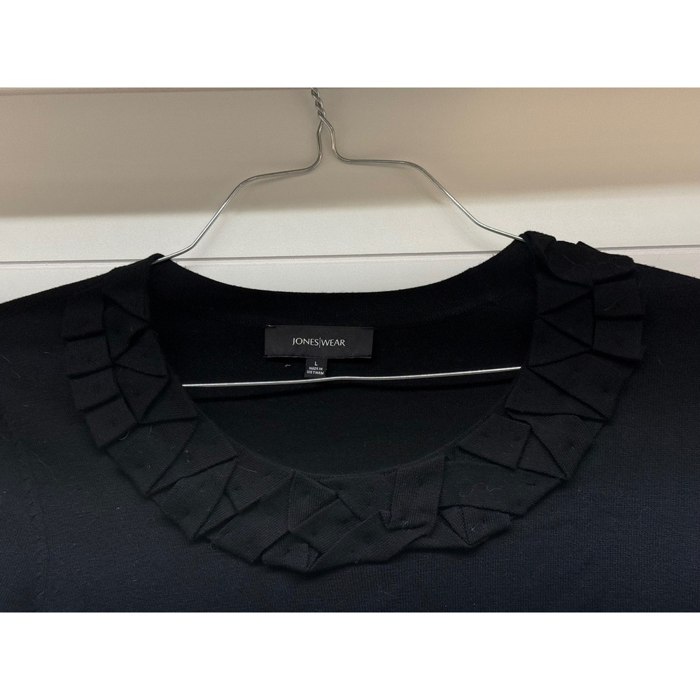 Jones Wear Womens Black 3/4 Sleeve Scoop Neck Pleated Trim Knit Sweater Large